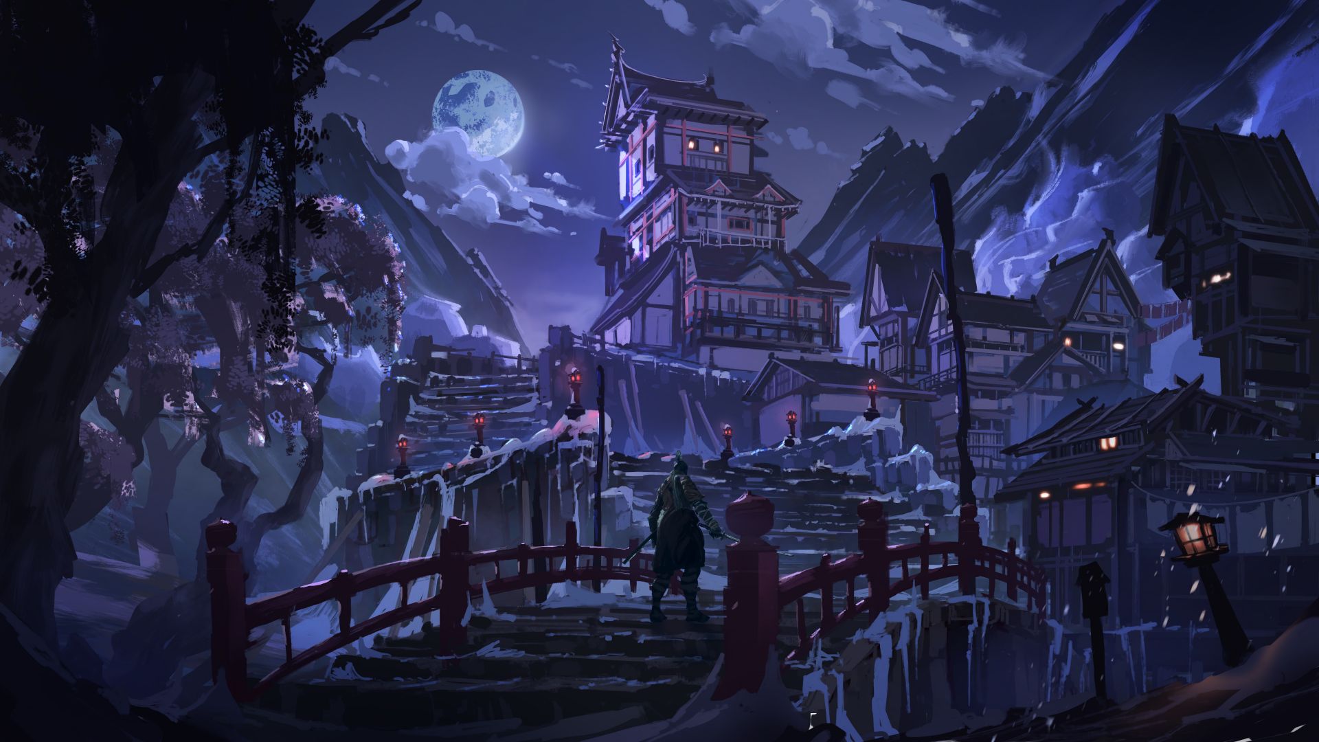 شخصیت اصلی بازی Sekiro: Shadows Die Twice در پایین ساختمان‌های پوشیده از برف