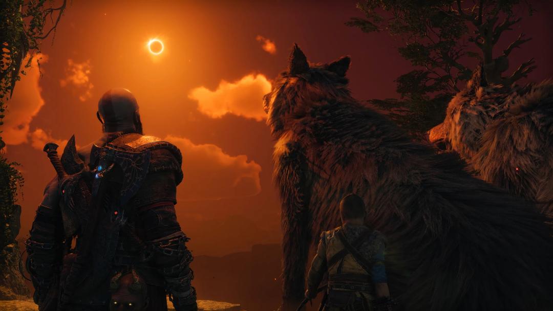 آترئوس (Atreus) و گرگ مشغول تماشای آسمان در بازی God of War Ragnarök