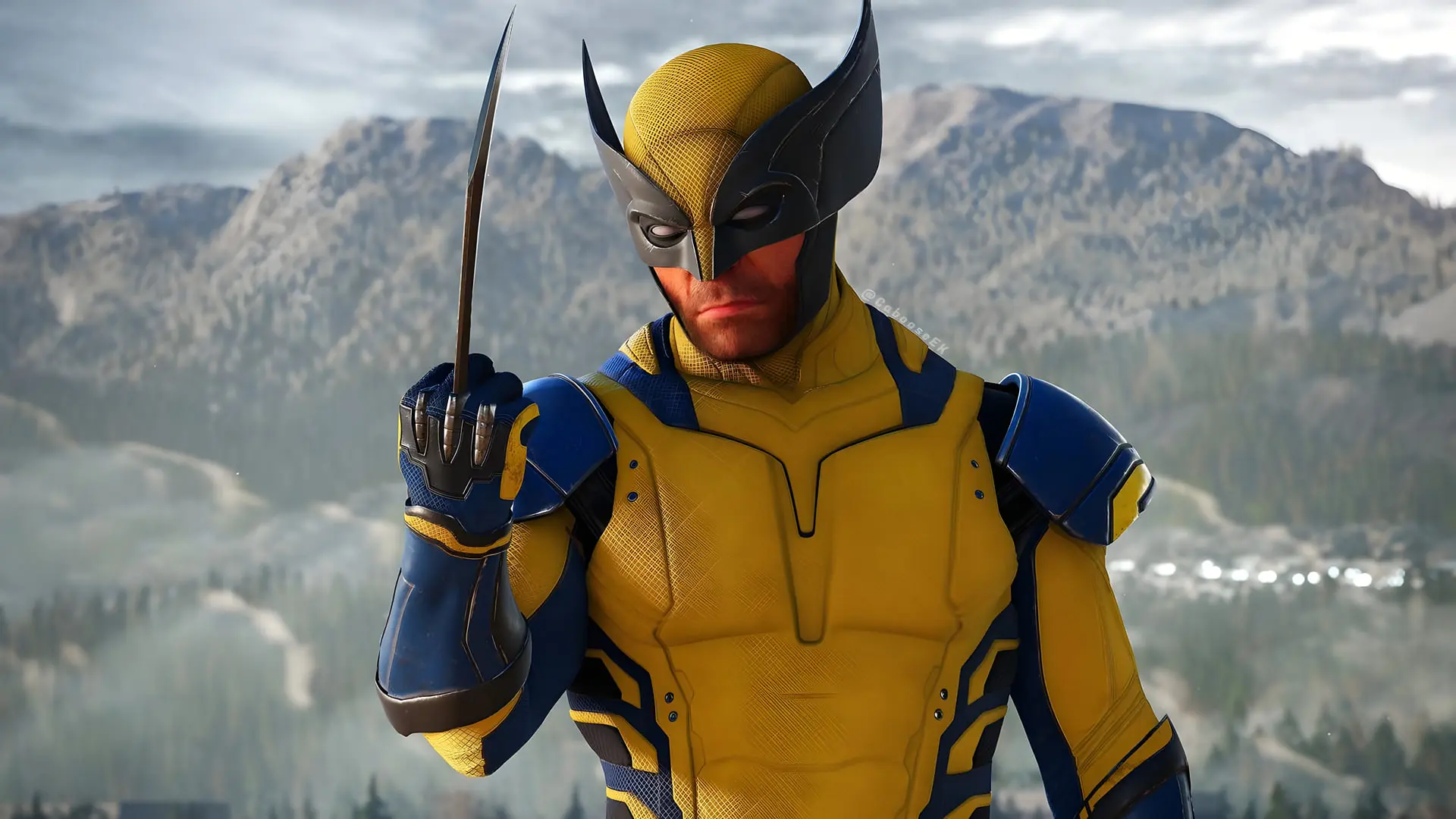 شخصیت وُلورین (Wolverine) با لباس زرد و آبی و چنگال‌های فلزی در طبیعت