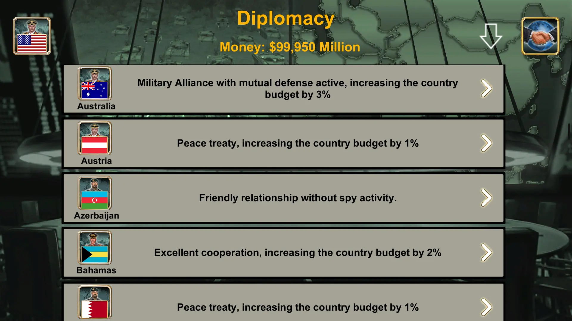 منوی دیپلماسی و روابط بین‌الملل در بازی موبایل World Empire 2027