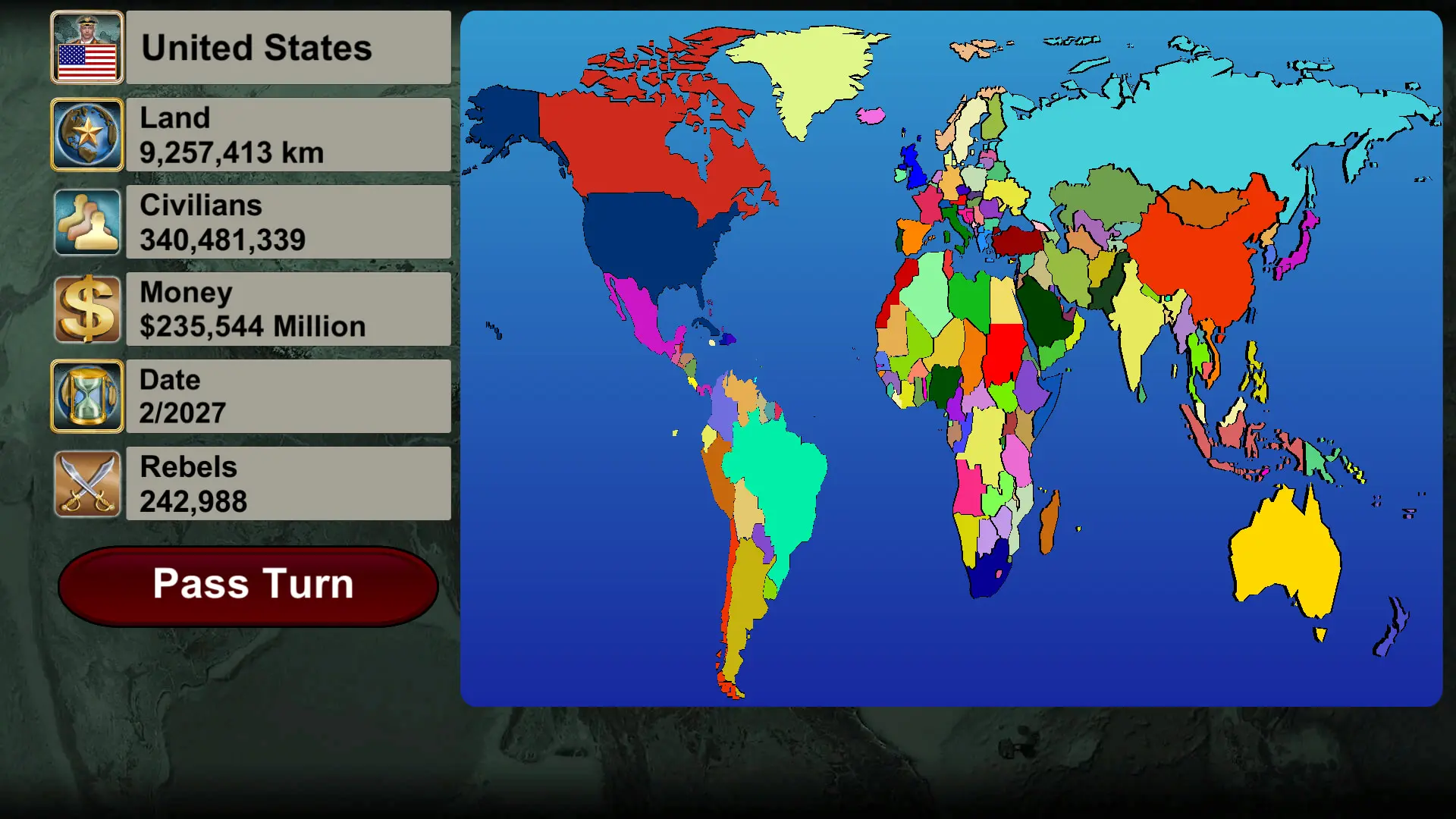 نقشه جهان در بازی موبایل World Empire 2027 با نمایش قلمرو ایالات متحده (United States)