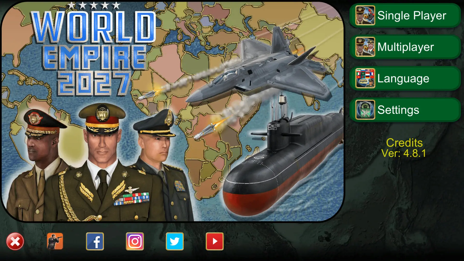 منوی بازی World Empire 2027 شامل تصاویر جنگنده، زیردریایی و فرماندهان نظامی روی نقشه جهان