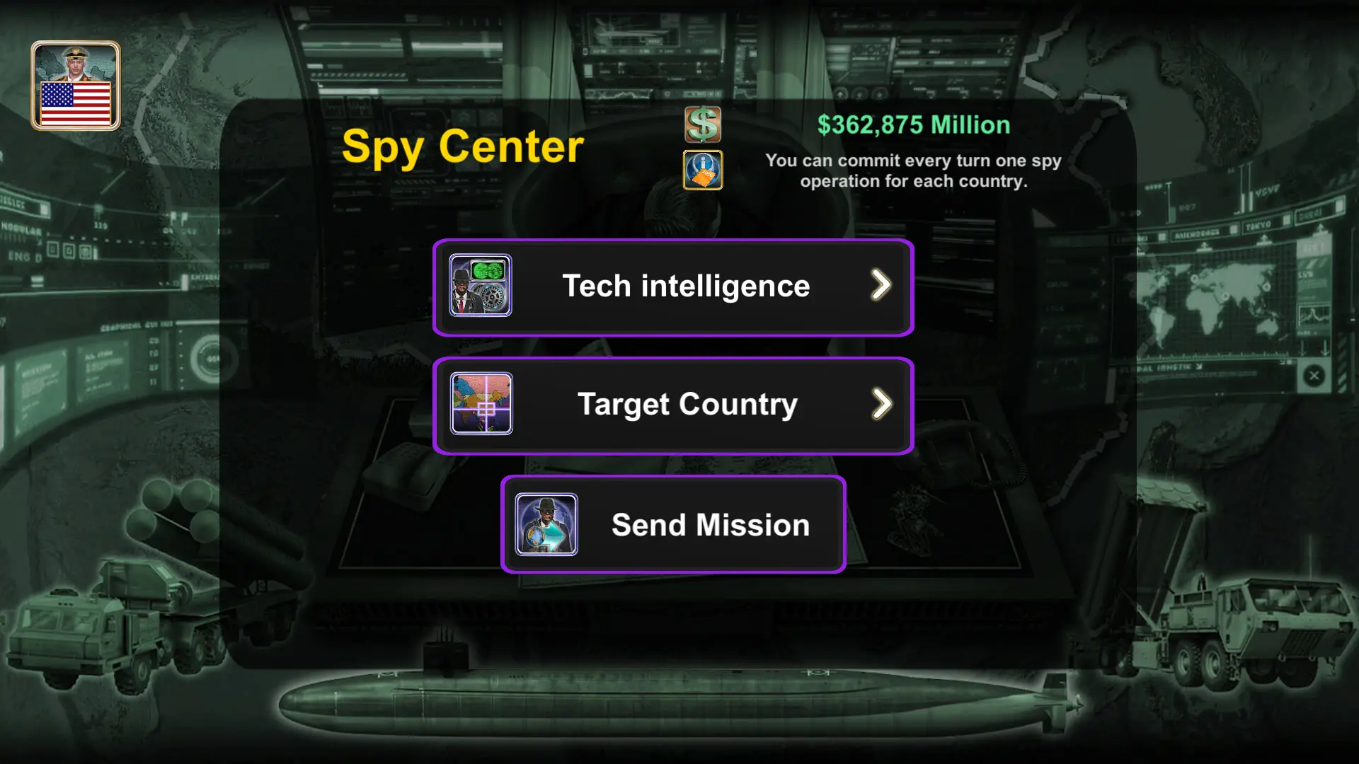 منوی بخش Spy Center در بازی موبایل World Empire 2027 با گزینه‌های اطلاعات تکنولوژی و کشور هدف