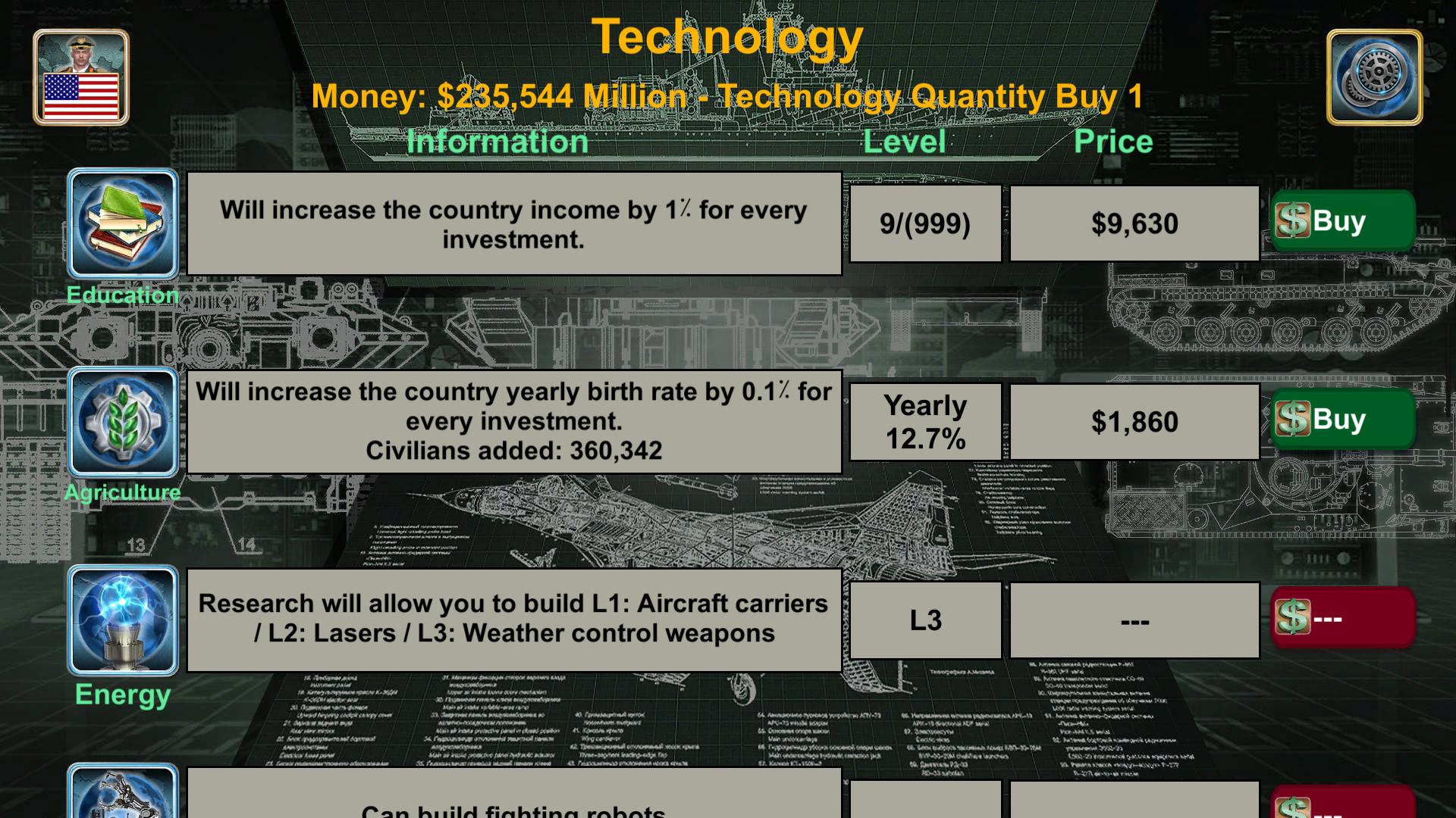 بخش مدیریت تکنولوژی در بازی موبایل World Empire 2027 با گزینه‌های آموزش، کشاورزی و انرژی