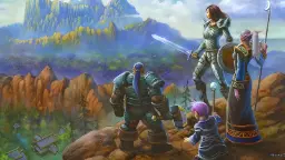 گروهی از قهرمانان بازی World of Warcraft (ورلد آف وارکرفت) بر فراز صخره‌ای با منظره‌ای کوهستانی