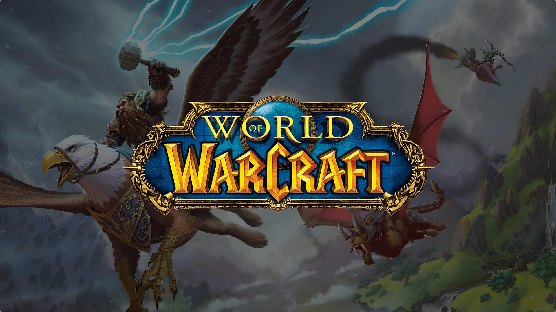 لوگوی بازی World of Warcraft بر فراز شخصیت‌های فانتزی و پرنده