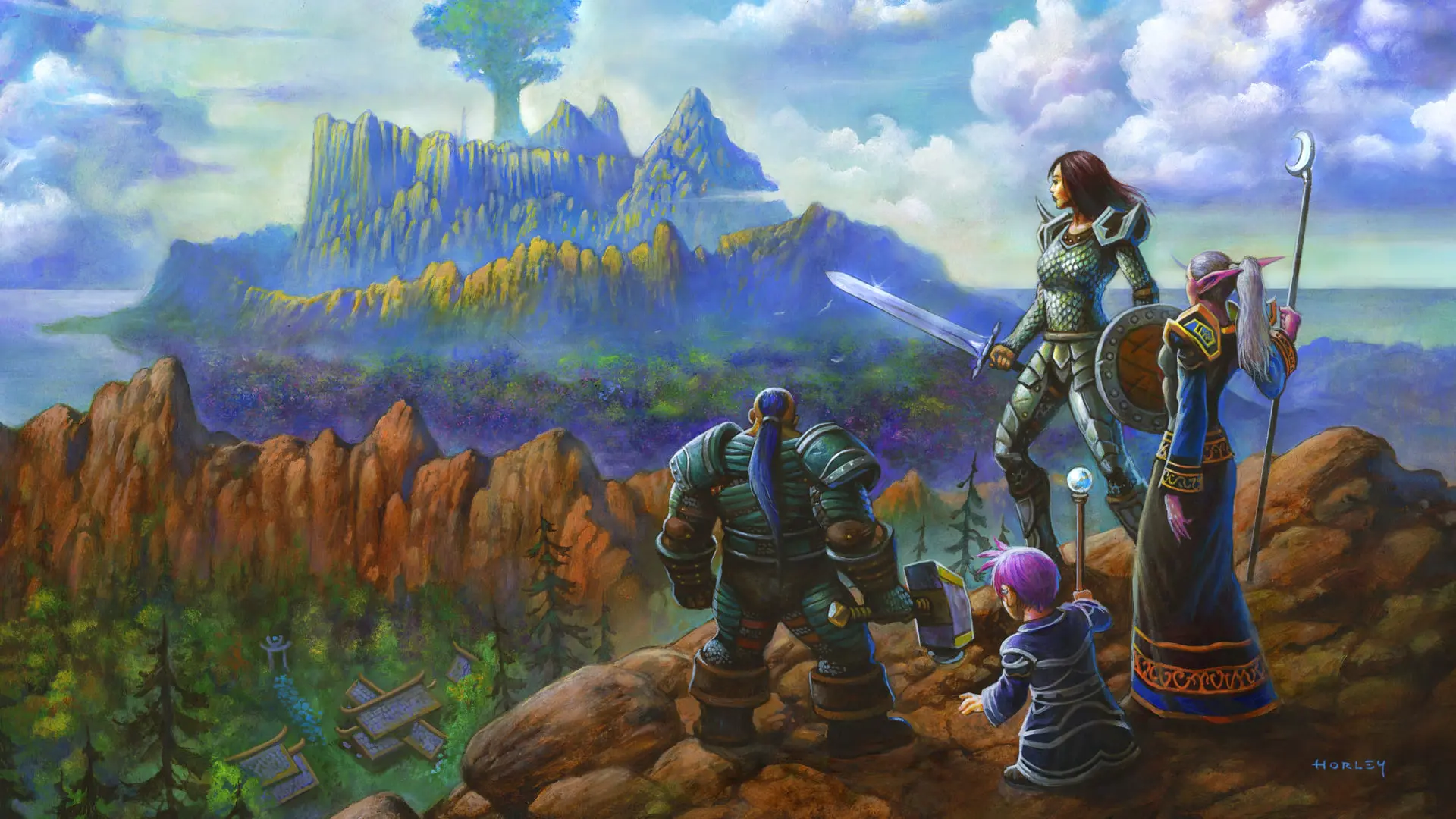 شخصیت‌های بازی وارکرفت (World of Warcraft) در بالای صخره رو به درخت بزرگ