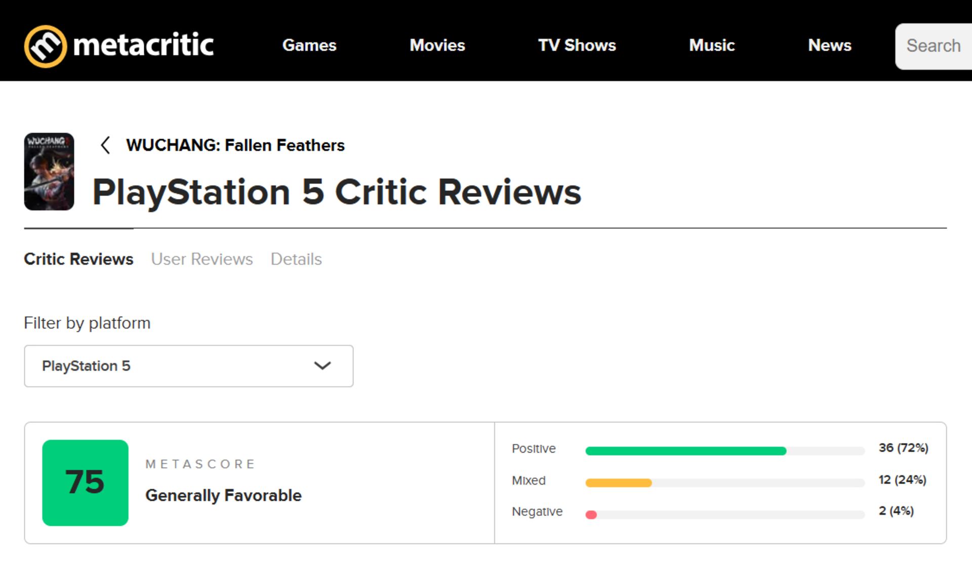 میانگین نقدها و نمرات بازی Wuchang: Fallen Feathers در وب‌سایت متاکریتیک (Metacritic)