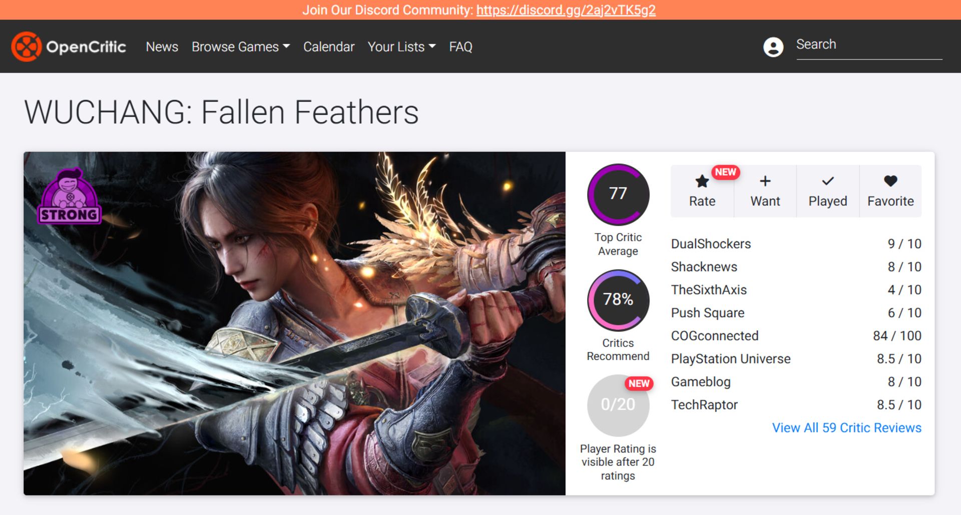 میانگین نقدها و نمرات بازی Wuchang: Fallen Feathers در وب‌سایت اوپن‌کریتیک (OpenCritic)