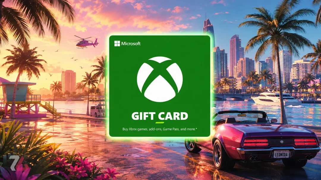 گیفت کارت (Gift Card) ایکس باکس روی پس‌زمینه‌ای از جی تی ای ۶