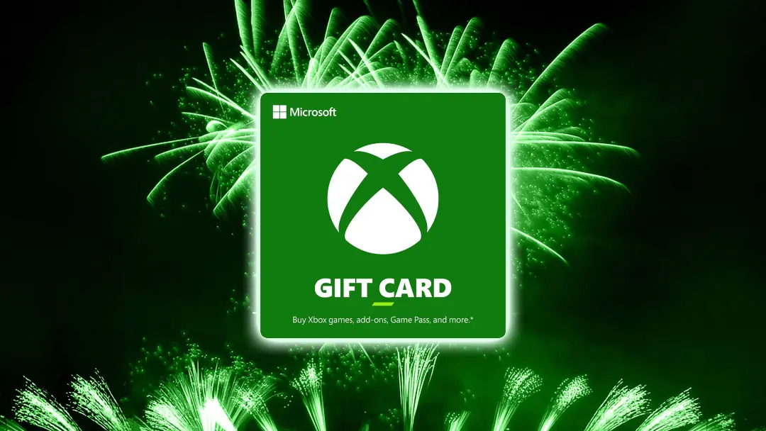 گیفت کارت (Gift Card) ایکس باکس (Xbox) مایکروسافت با پس‌زمینه آتش‌بازی سبز
