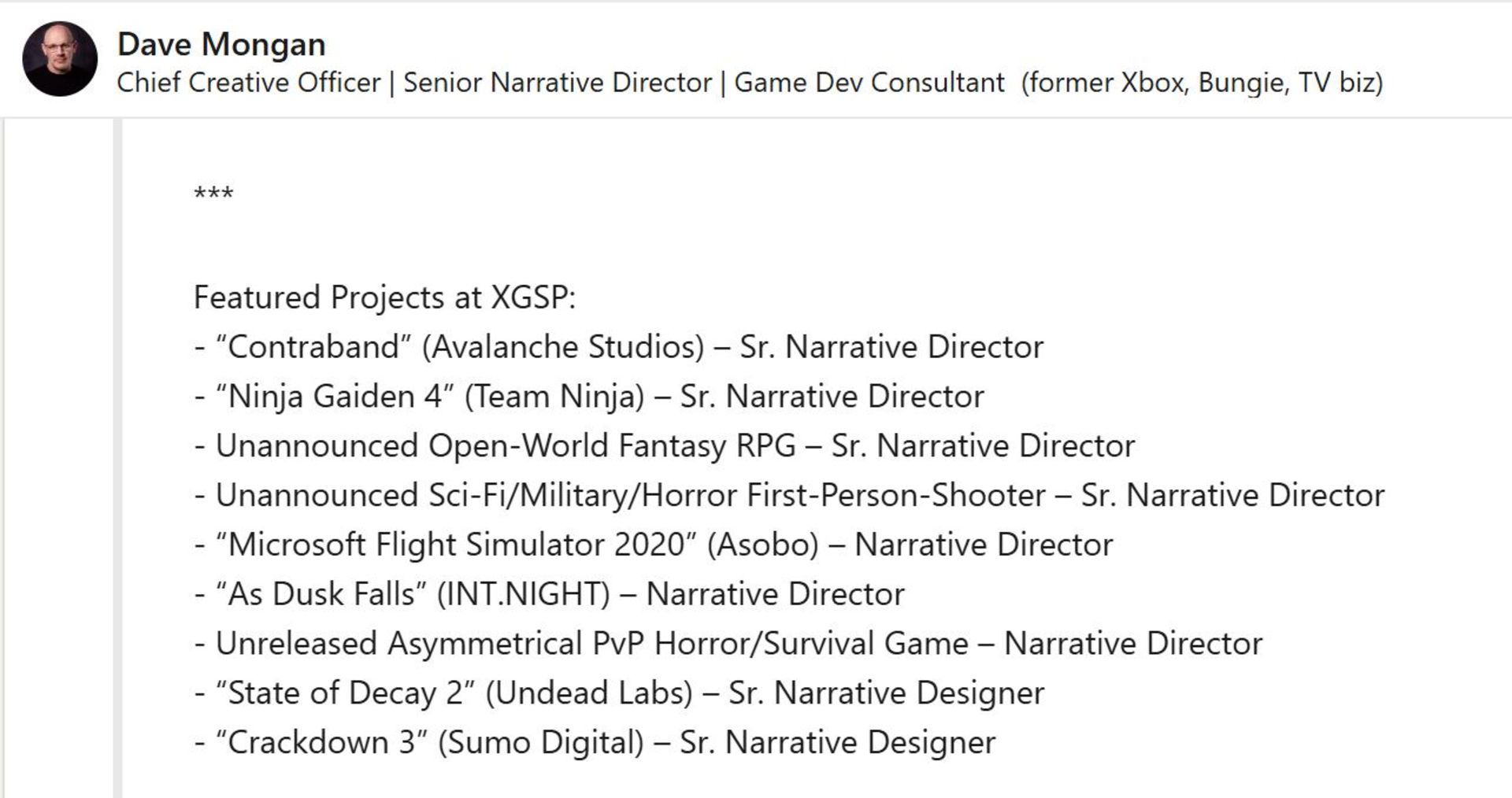 پروفایل لینکدین دیو مونگان و اشاره به دو بازی معرفی نشده ایکس باکس