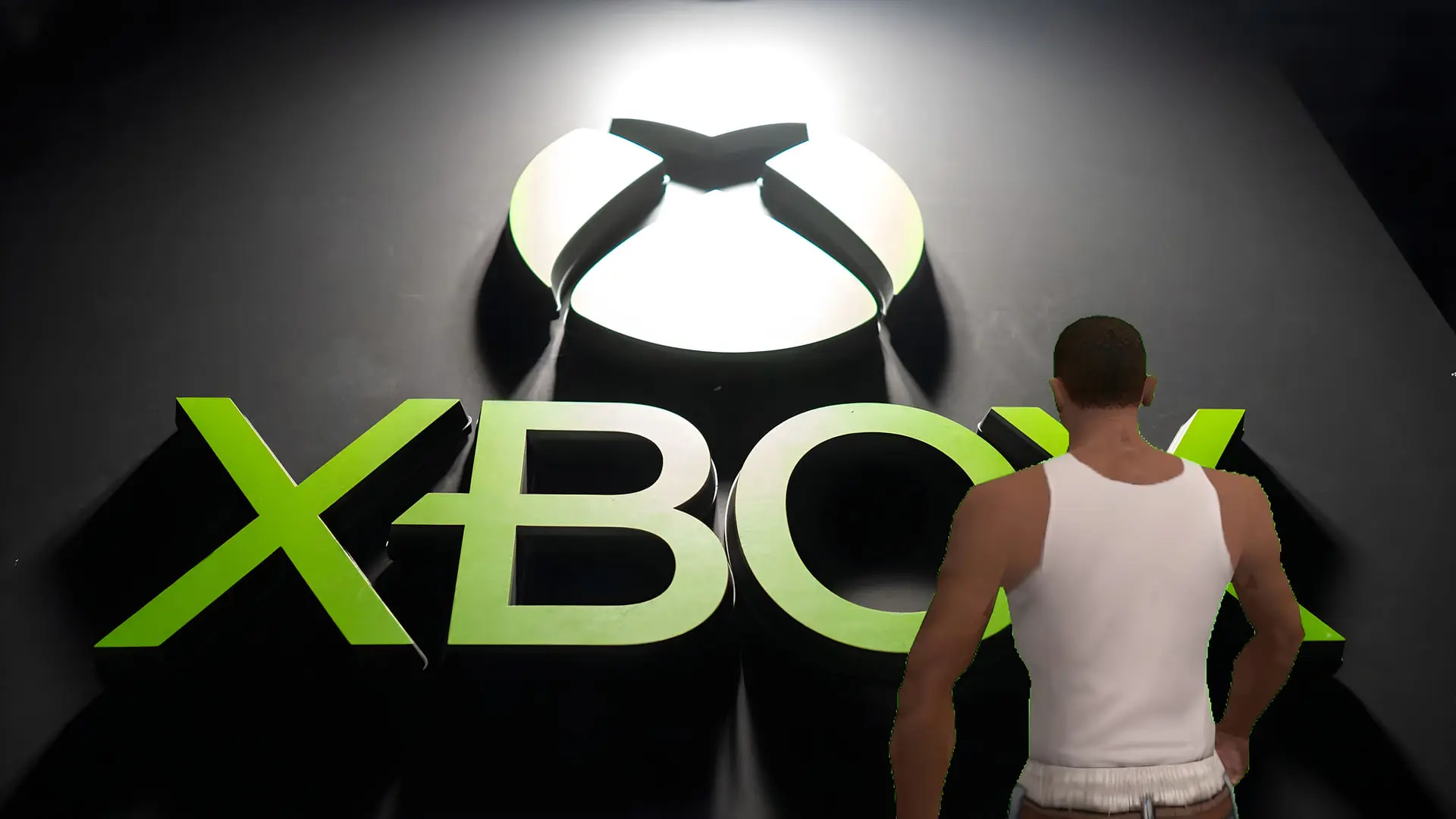 لوگوی ایکس باکس (Xbox) در کنار شخصیت سی‌جی (CJ) از بازی GTA
