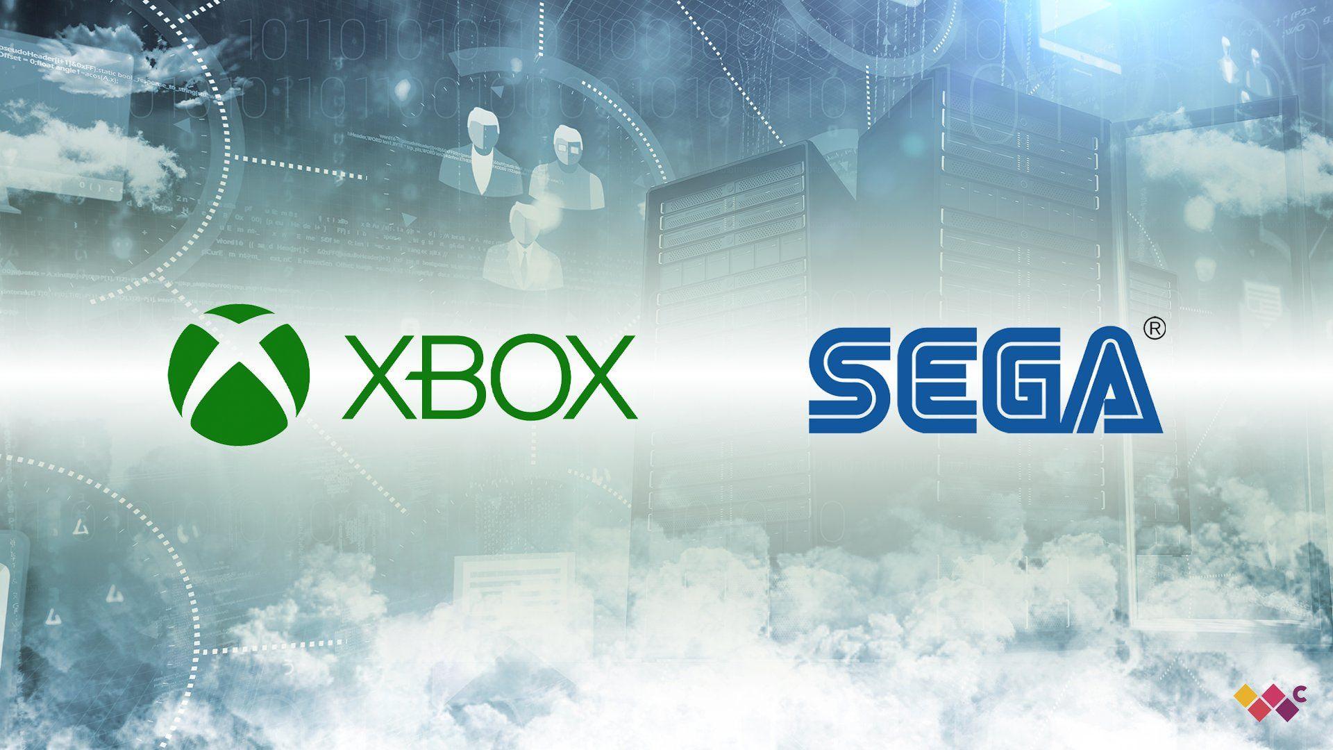 لوگوی ایکس باکس (ایکس باکس) و سگا (SEGA) در پس‌زمینه‌ای دیجیتال و ابری