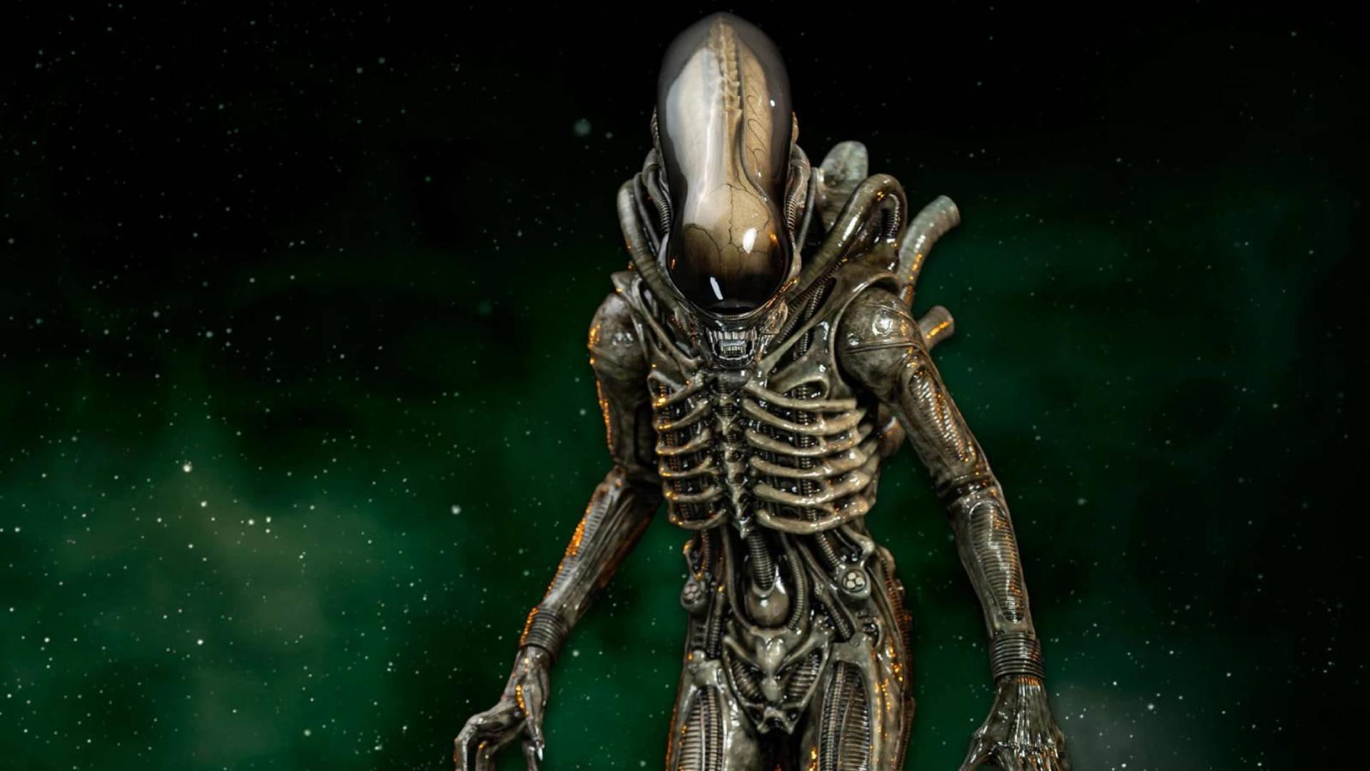 مجسمه زنومورف (Xenomorph) با بدنه متالیک و جزئیات دقیق در فضای تاریک