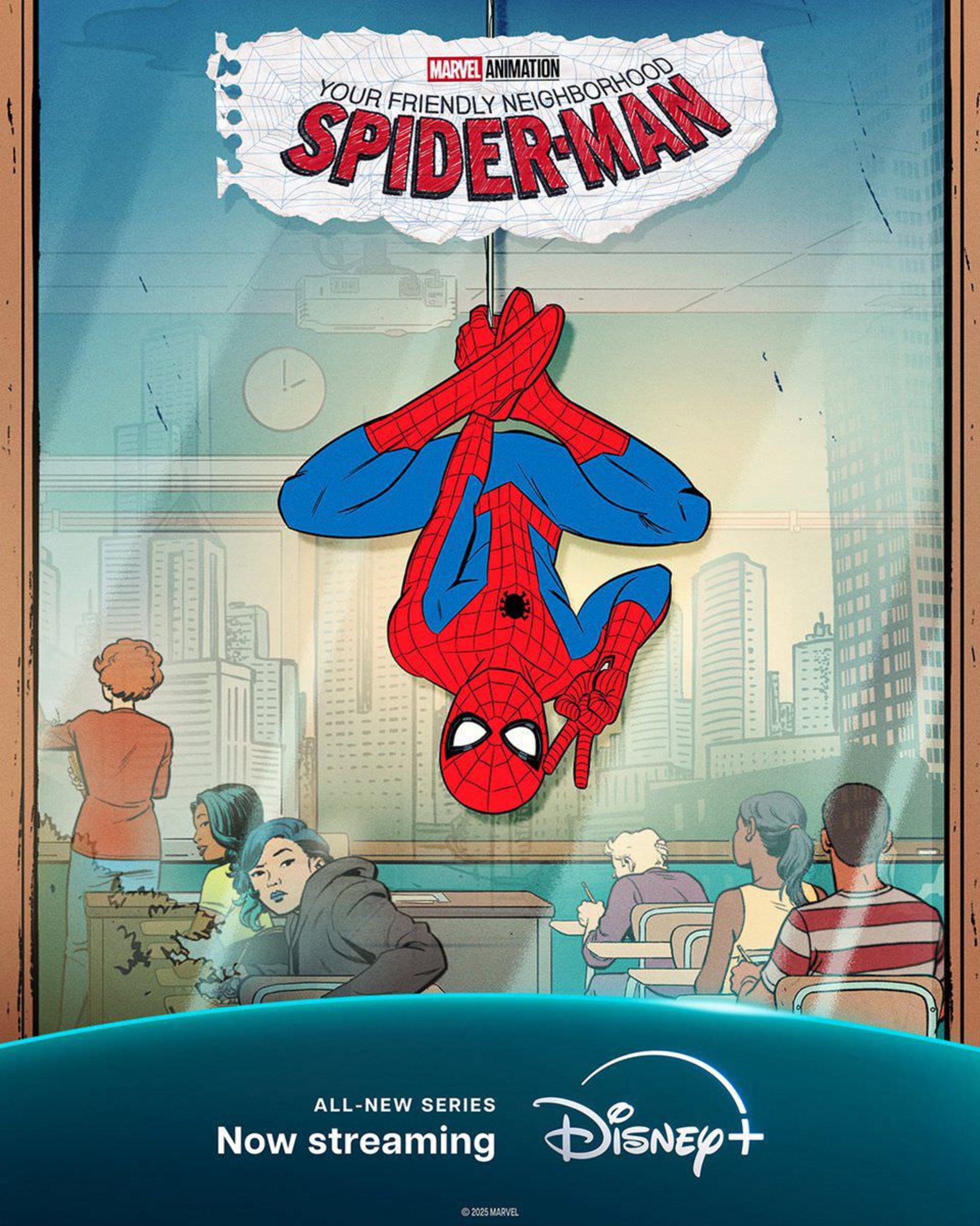 مرد عنکبوتی با لباس قرمز و آبی رنگ در پوستر دو قسمت پایانی فصل اول انیمیشن Your Friendly Neighbourhood Spider-Man 