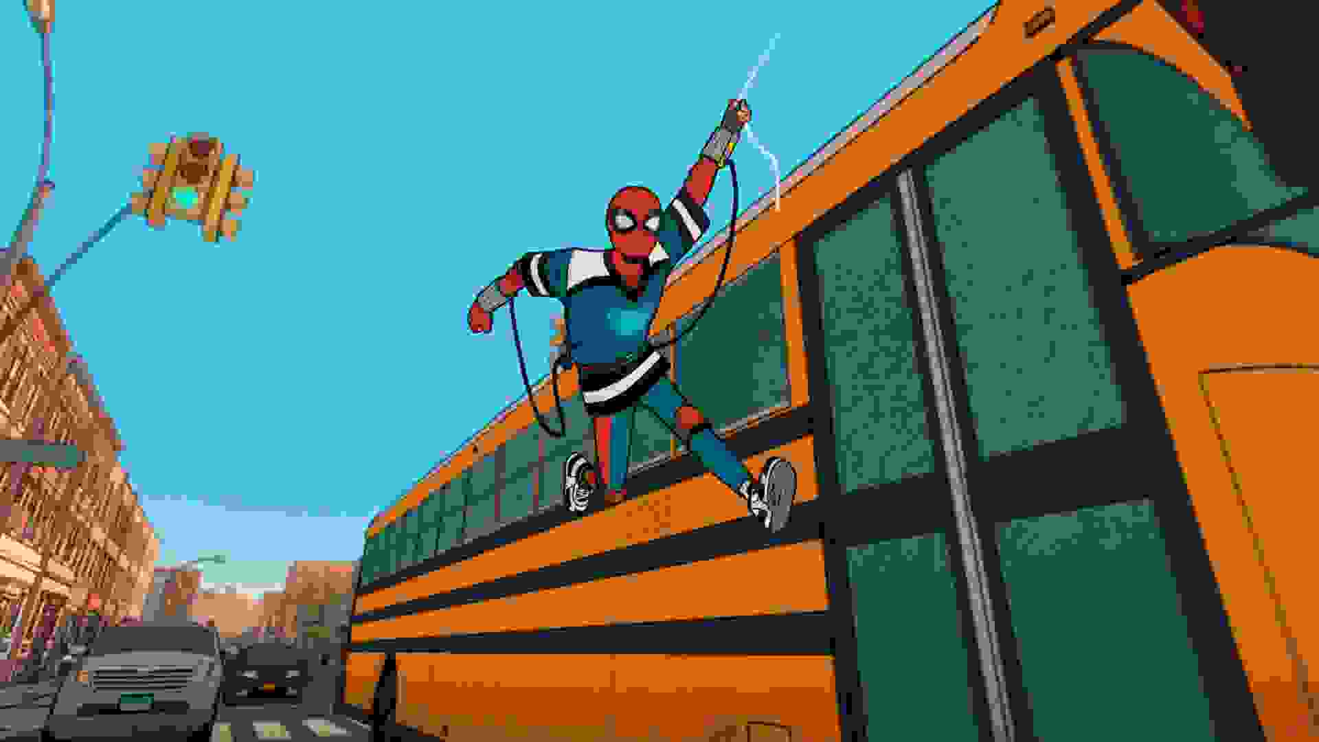 مرد عنکبوتی در حال دوییدن درکنار اتوبوس در انیمیشن Your Friendly Neighborhood Spider-Man