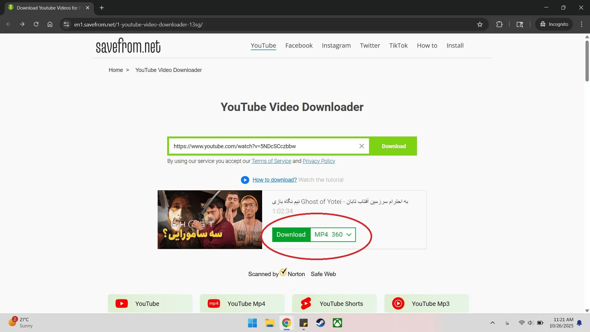 صفحه انتخاب کیفیت و جزئیات وبسایت Savefrom برای دانلود ویدیو از یوتیوب